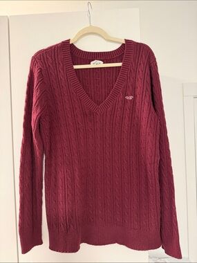 Hollister Wine Red Cable Knit Sweater Women’s XXL V-Neck Cozy Fall Pullover